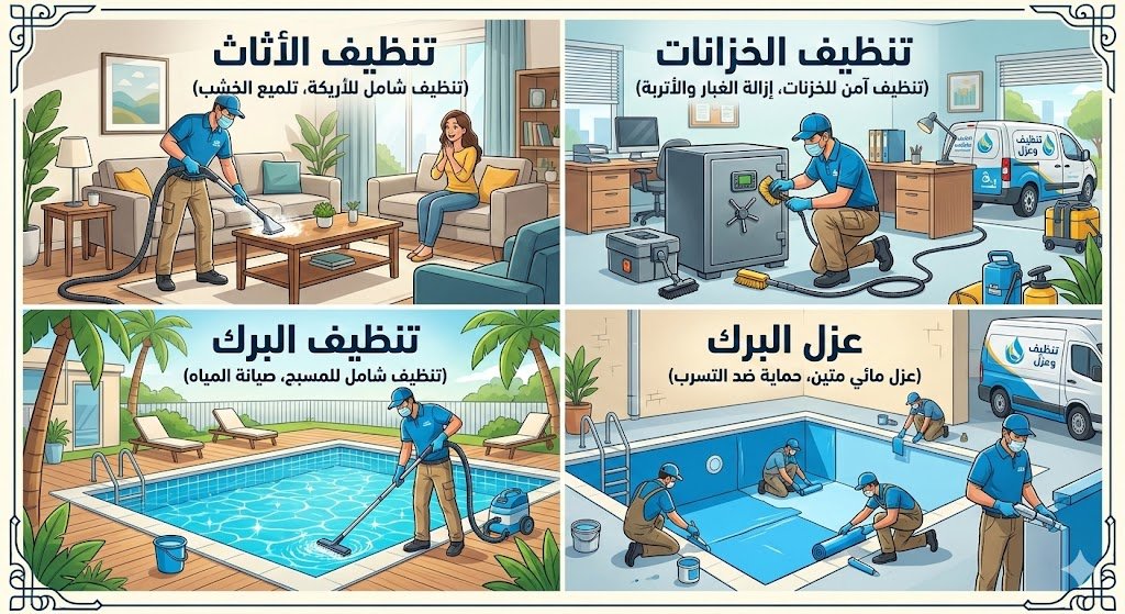 وتنظيف الاثاث وتنظيف الخزنات والبرك وعزل البرك