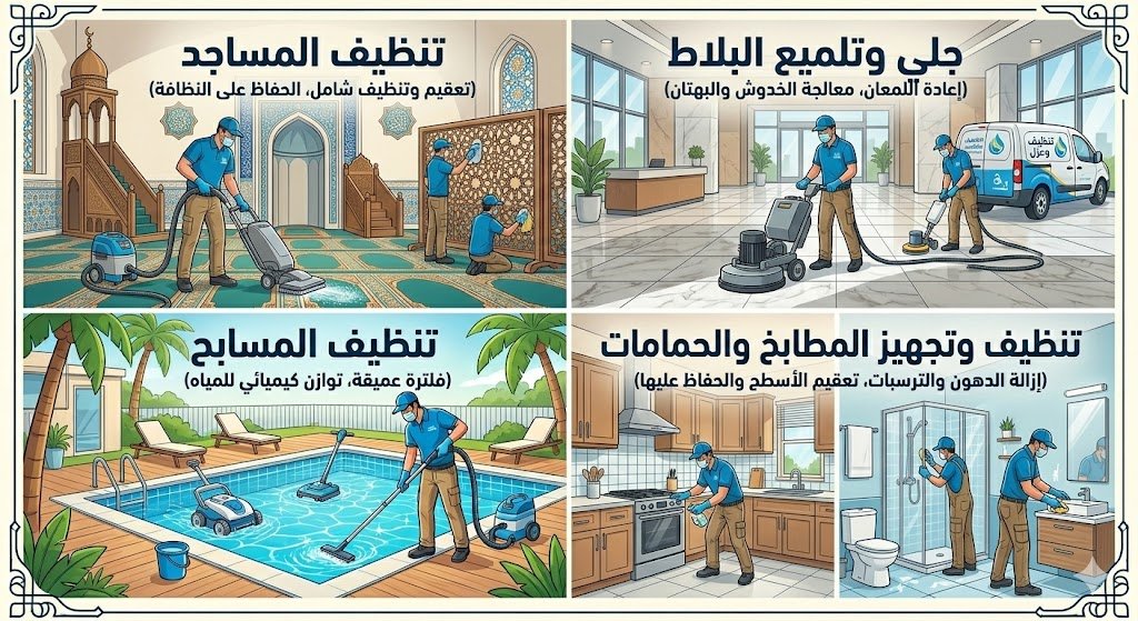 تنظيف المساجد والمسابح والمطابخ والحمامات وجلي البلاط
